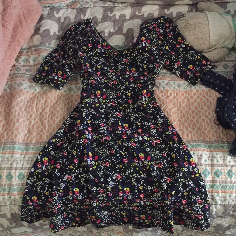 Black floral print skater dress. Reversible
